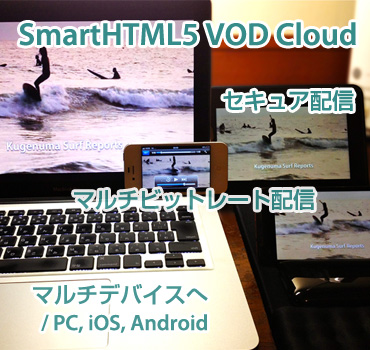 SmartHTML5 VOD Cloud、セキュア配信、マルチビットレート配信、マルチデバイスへ／PC, IOS, Android